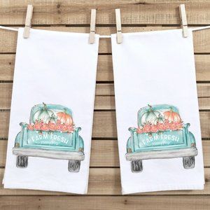 Fall Tea Towels, Set of 2, Blue Pumpkin Truck
